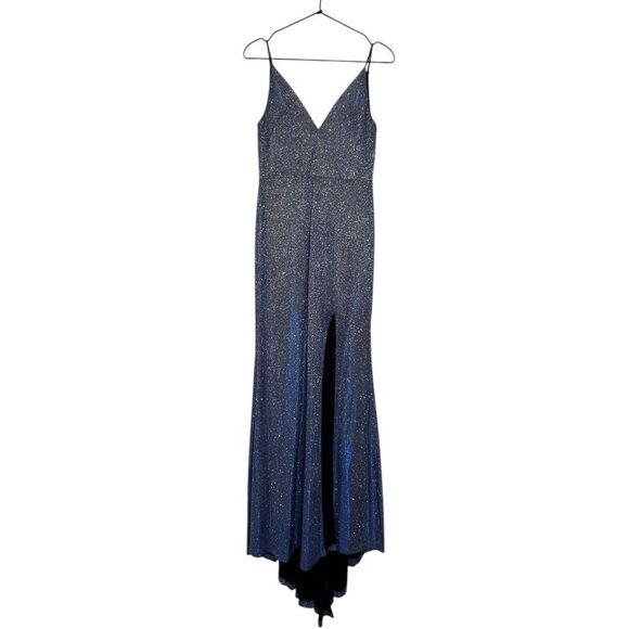 Dear Moon Blue Glitter Evening Gown Size 3 – Slit Hem, Spaghetti Straps, V-Neck - Picture 10 of 10